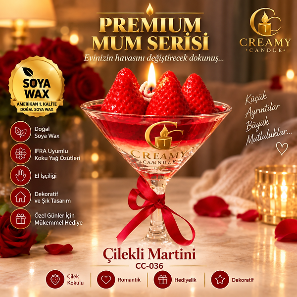 Creamy Candle çilek martini   Premium Dekoratif Kokulu Mum