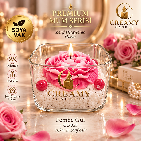 Creamy Candle pembe gül  Premium Dekoratif Kokulu Mum