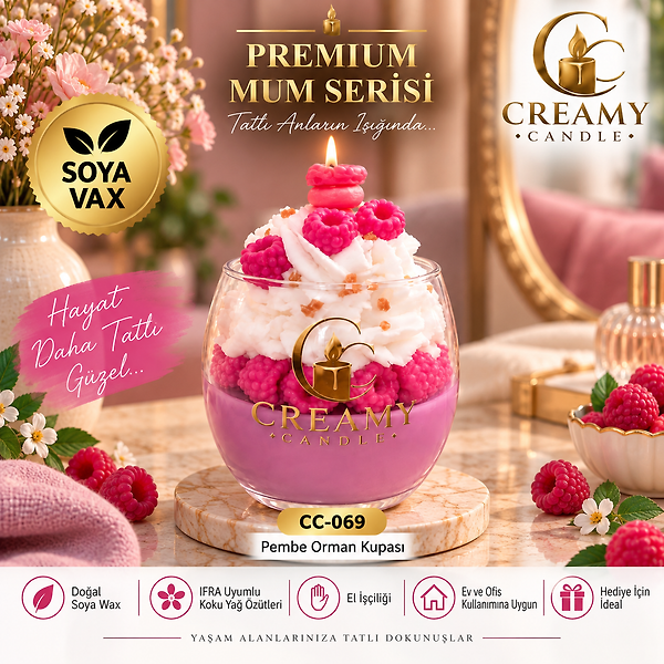 Creamy Candle pembe orman kupası   Premium Dekoratif Kokulu Mum