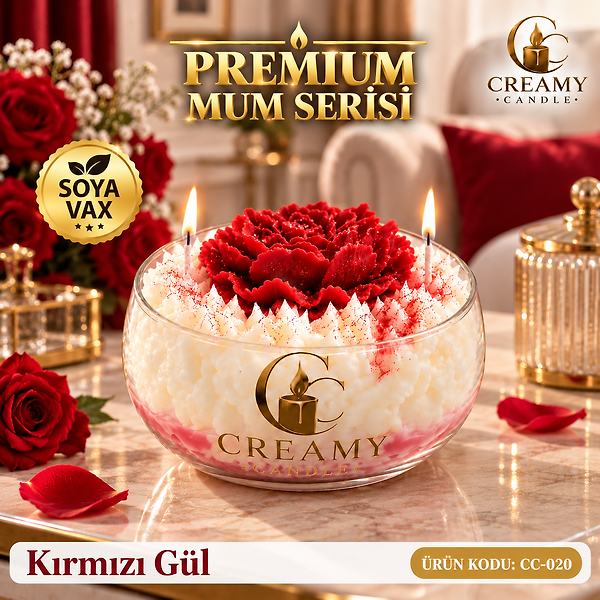 Creamy Candle kırmızı gül  Premium Dekoratif Kokulu Mum