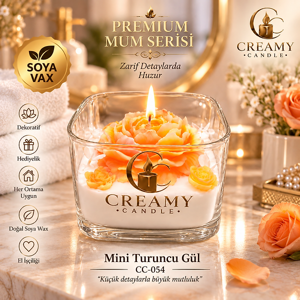 Creamy Candle mini turuncu gül Premium Dekoratif Kokulu Mum
