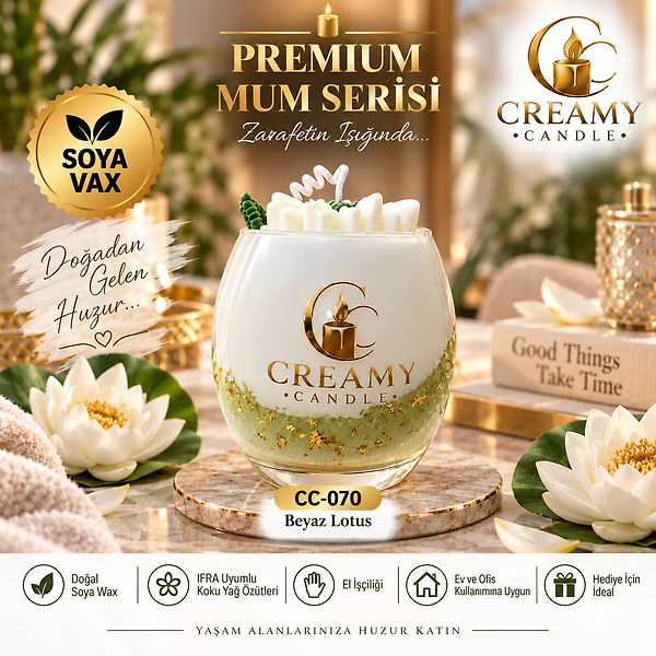 Creamy Candle beyaz lotus   Premium Dekoratif Kokulu Mum