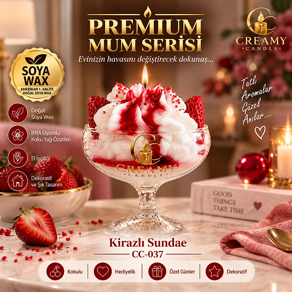 Creamy Candle kirazlı sundae  Premium Dekoratif Kokulu Mum