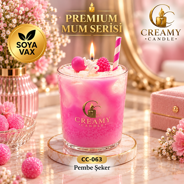 Creamy Candle pembe şeker  Premium Dekoratif Kokulu Mum