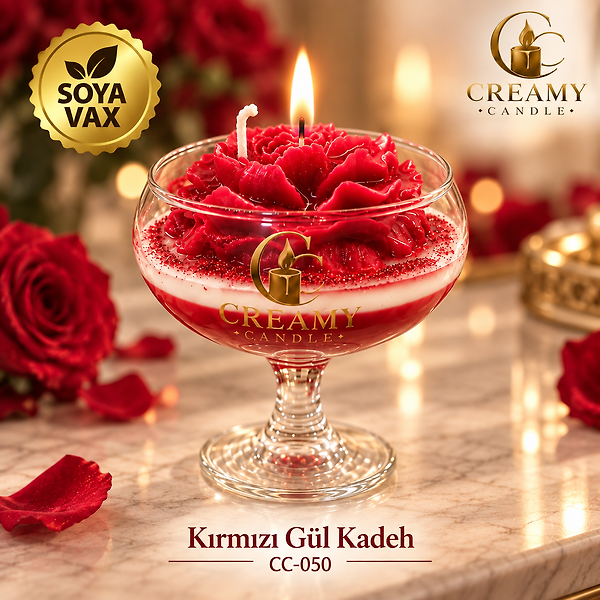Creamy Candle kırmızı gül kadeh  Premium Dekoratif Kokulu Mum