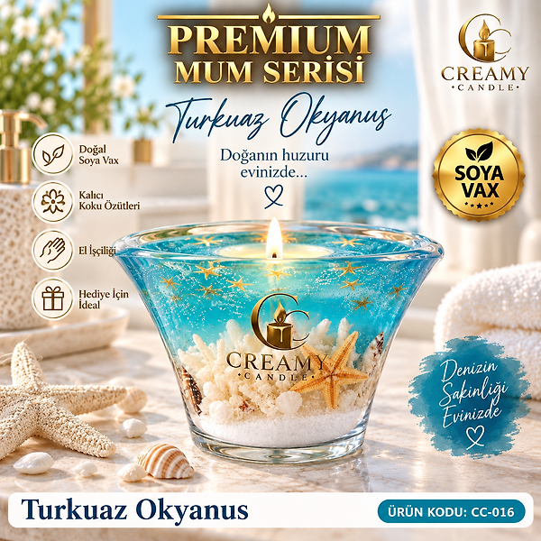 Creamy Candle  Turkuaz Okyanus Premium Dekoratif Kokulu Mum