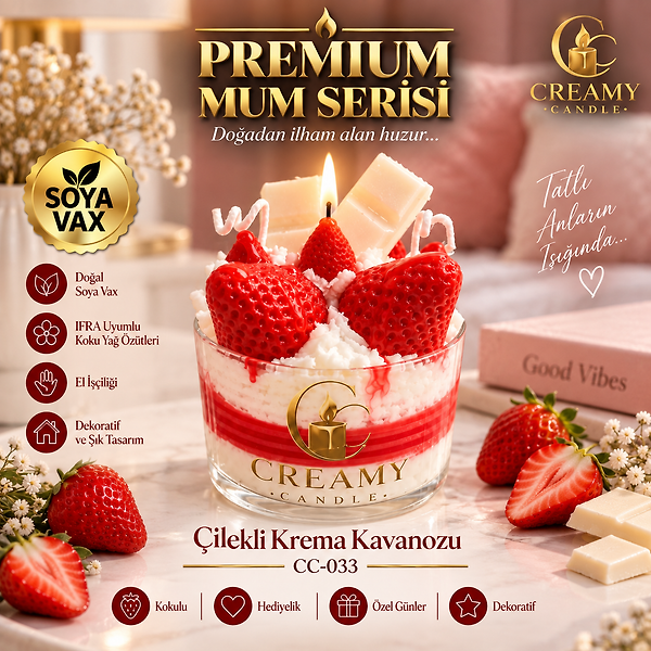 Creamy Candle çilekli krema kavanozu Premium Dekoratif Kokulu Mum
