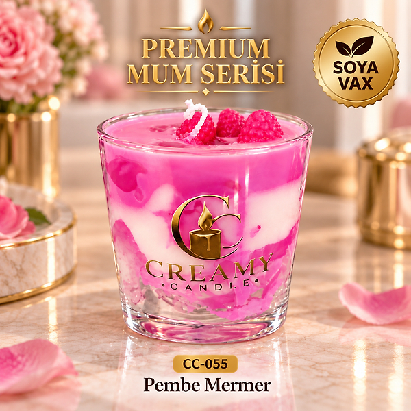 Creamy Candle pembe mermer  Premium Dekoratif Kokulu Mum