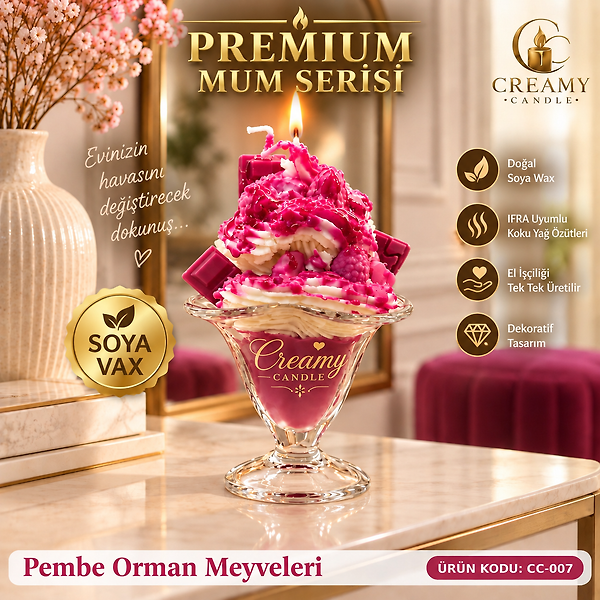 Creamy Candle  Pembe Orman Meyveleri Premium Dekoratif Kokulu Mum