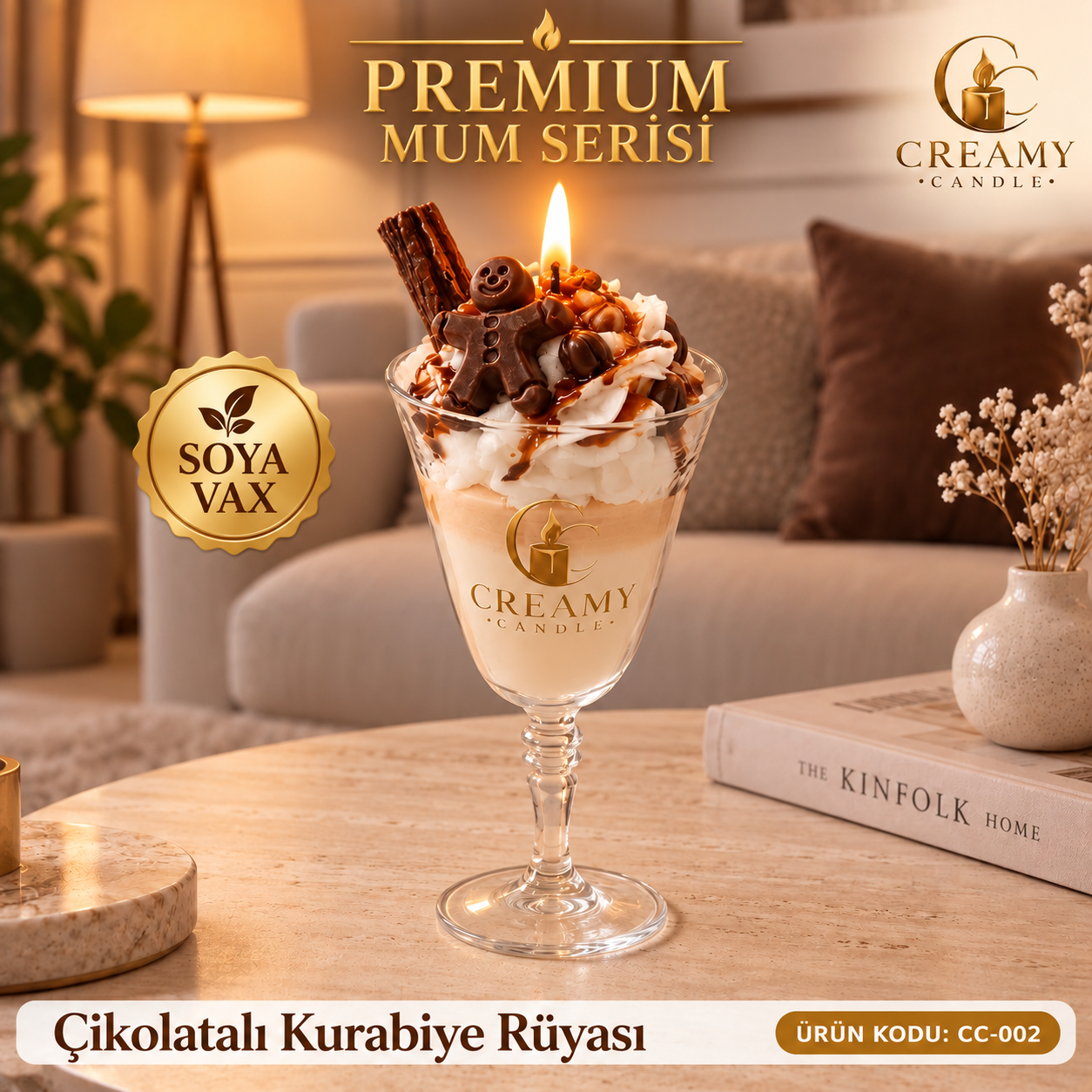 Creamy Candle  Çikolatalı Kurabiye Rüyası Premium Dekoratif Kokulu Mum