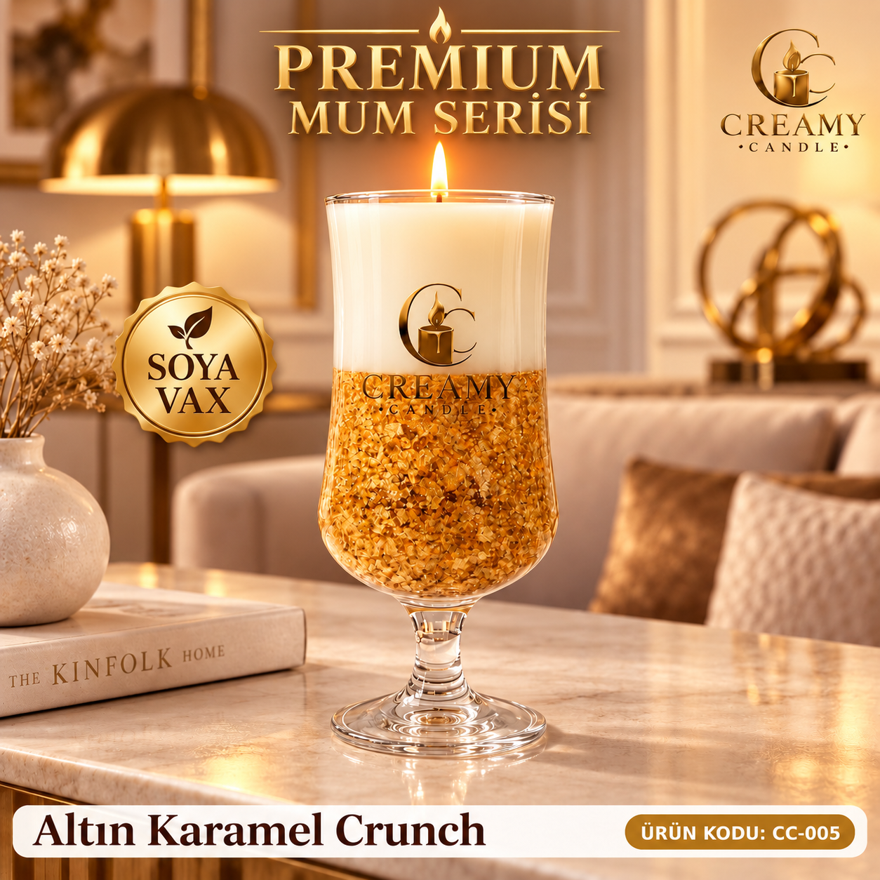 Creamy Altın Karamel Crunch   Premium Dekoratif Kokulu Mum