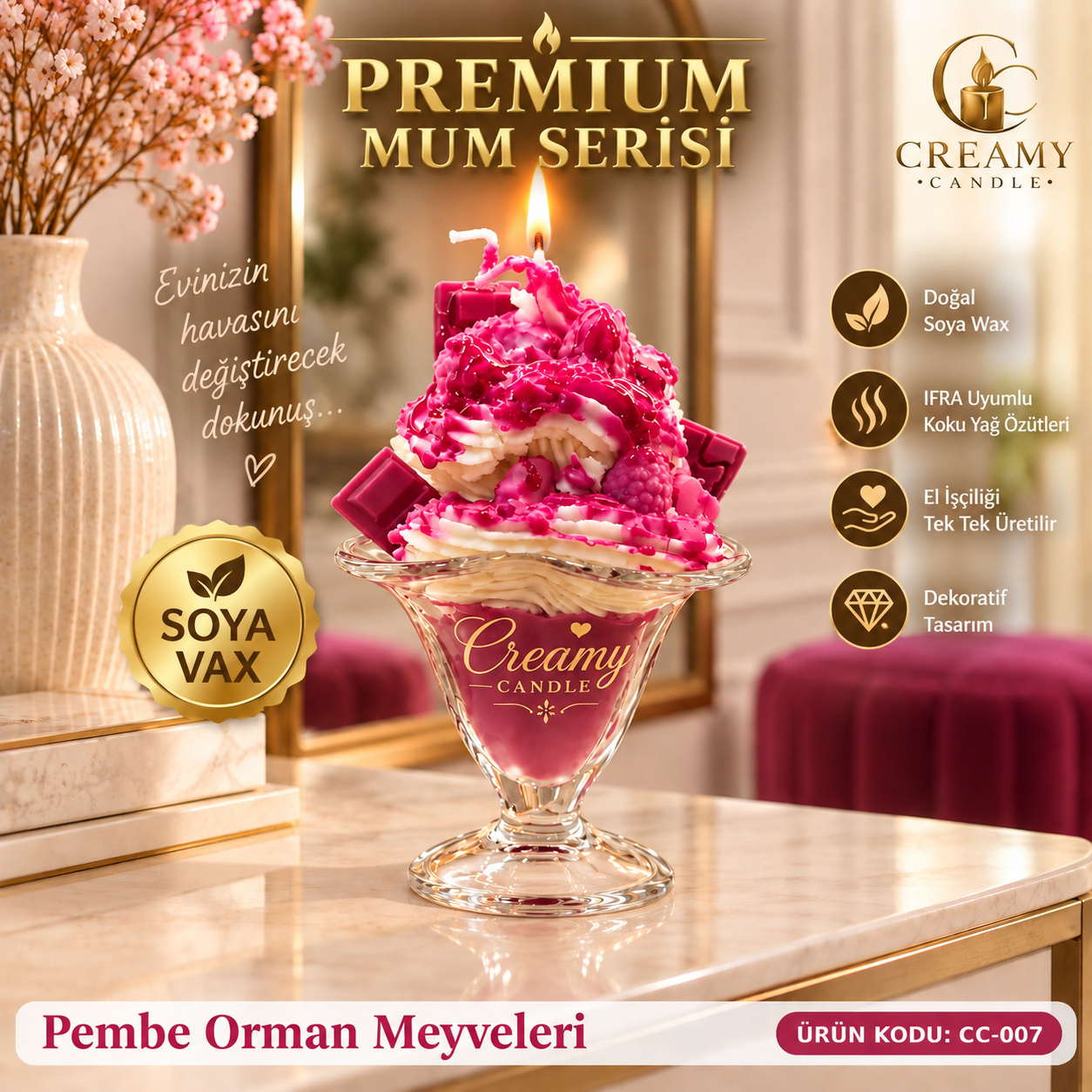 Creamy Candle  Pembe Orman Meyveleri Premium Dekoratif Kokulu Mum