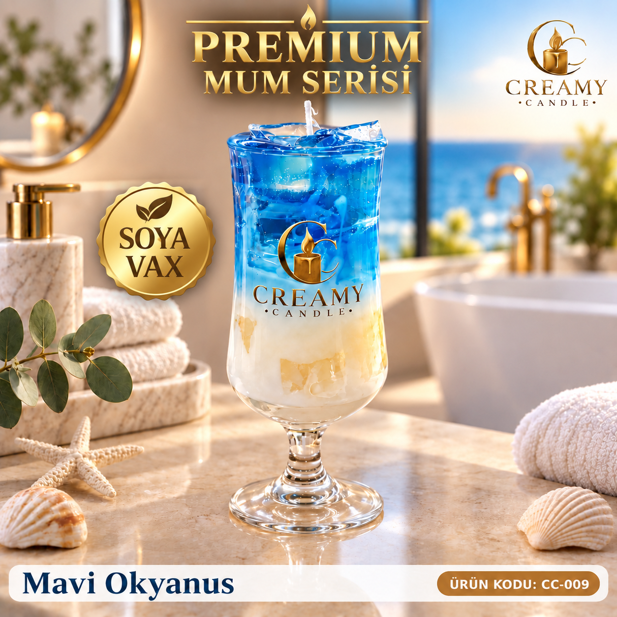 Creamy Candle Mavi Okyanus Premium Dekoratif Kokulu Mum