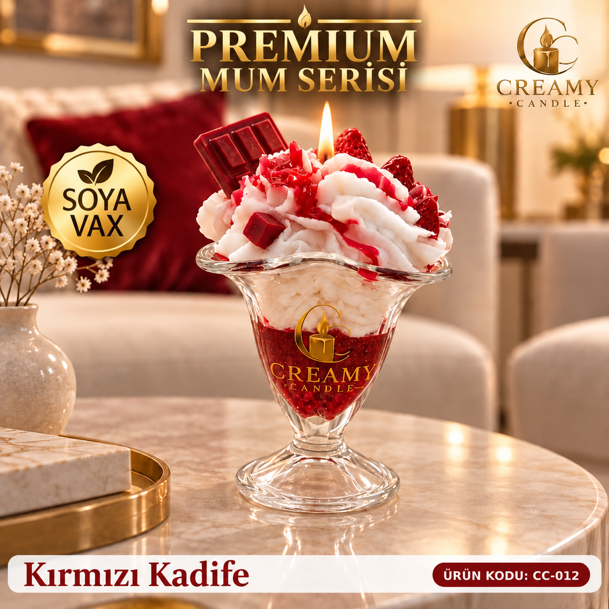 Creamy Candle kırmızı kadife  Premium Dekoratif Kokulu Mum