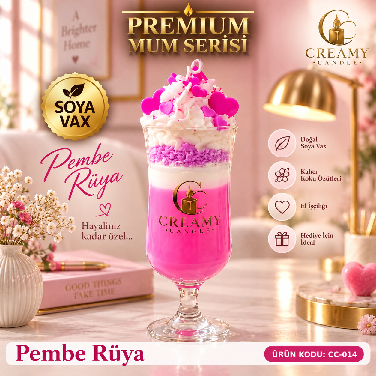 Creamy Candle Pembe Rüya  Premium Dekoratif Kokulu Mum