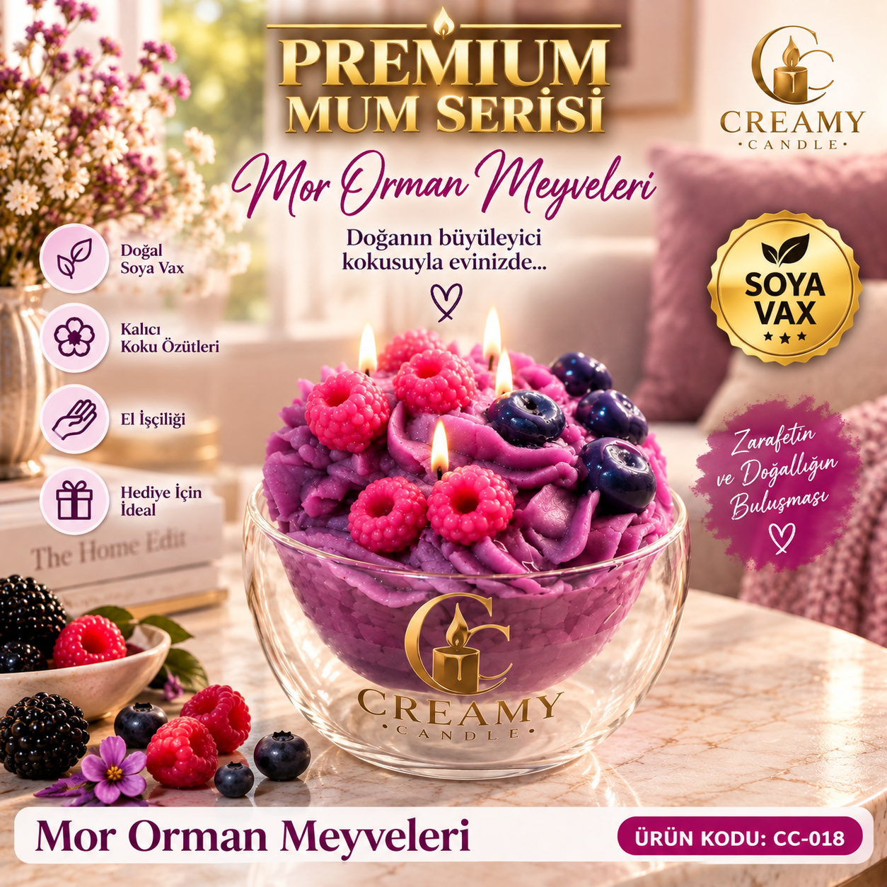 Creamy Candle orman meyveleri   Premium Dekoratif Kokulu Mum