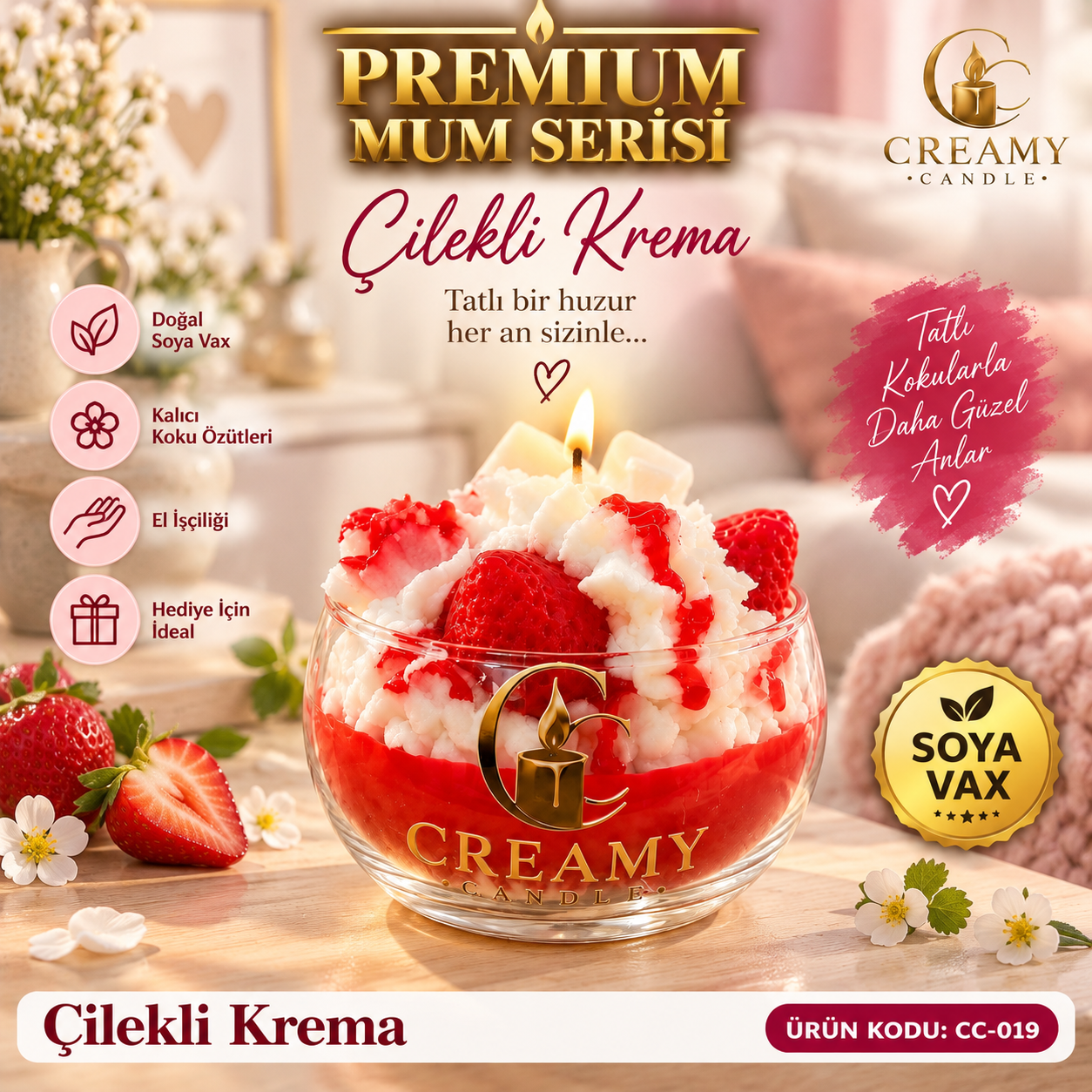 Creamy Candle çilek krema  Premium Dekoratif Kokulu Mum