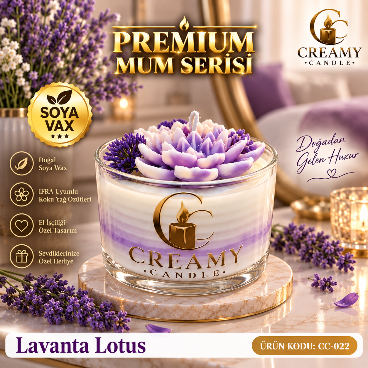 Creamy Candle lavanta lotus Premium Dekoratif Kokulu Mum
