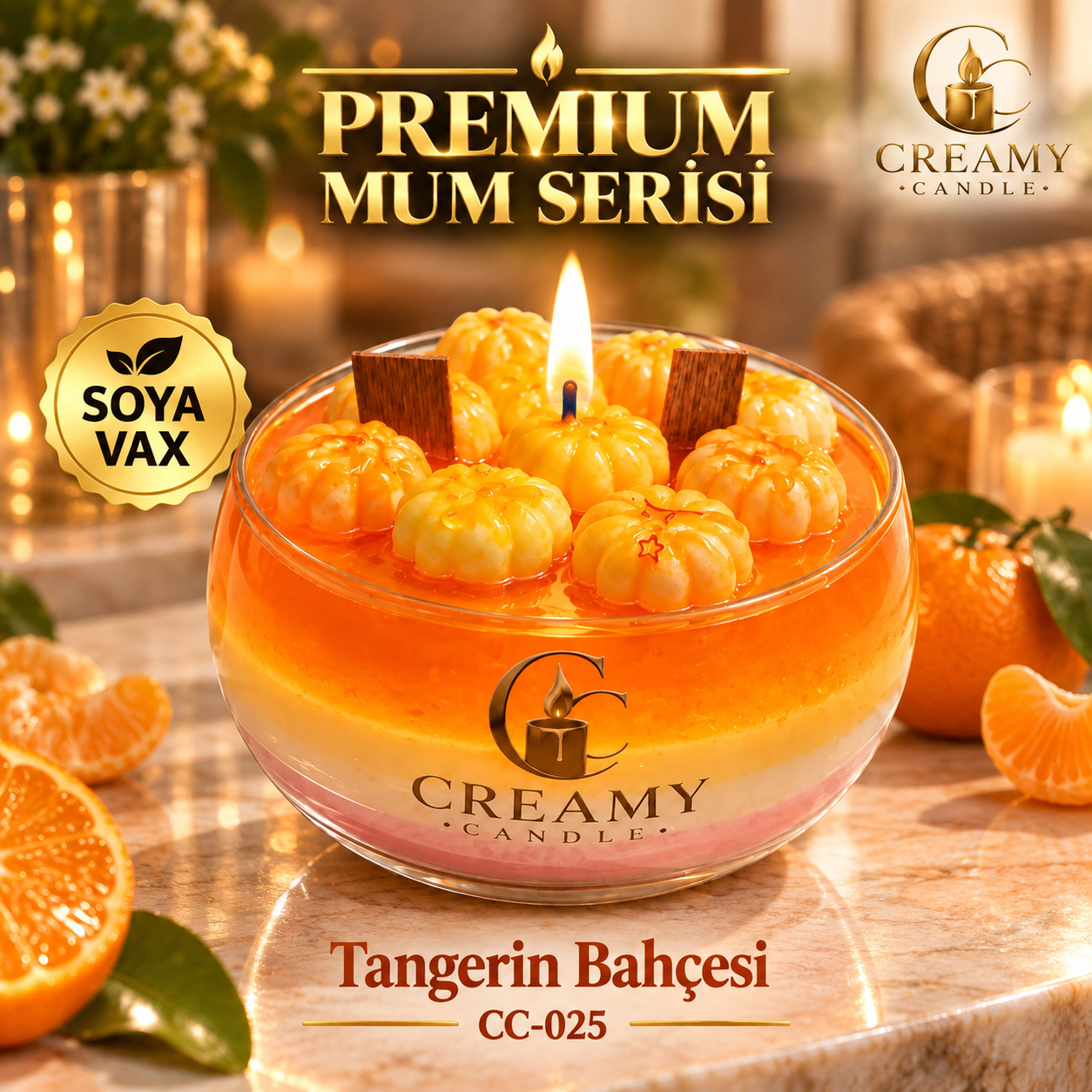 Creamy Candle tangerin bahçesi   Premium Dekoratif Kokulu Mum