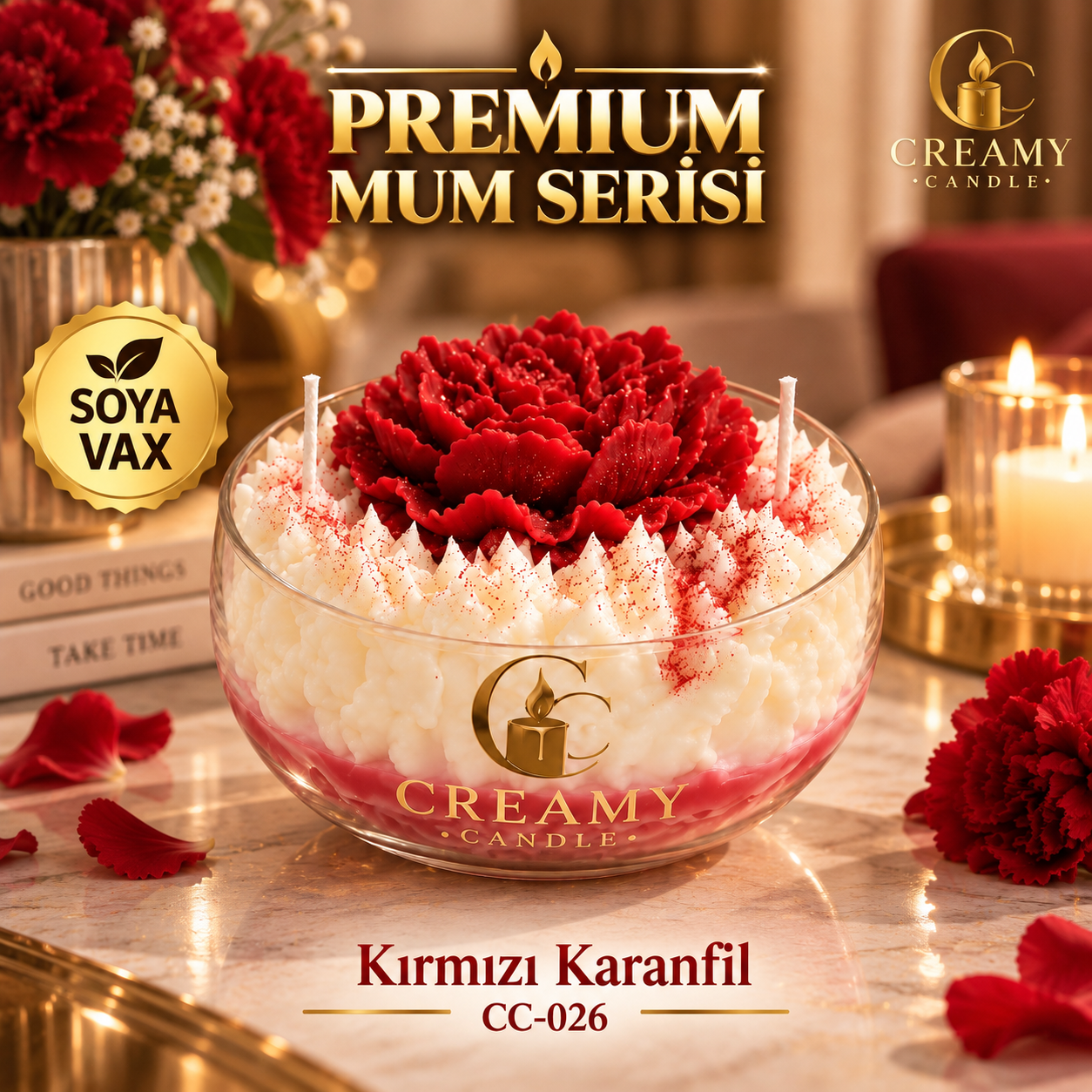 Creamy Candle kırmızı karanfil  Premium Dekoratif Kokulu Mum