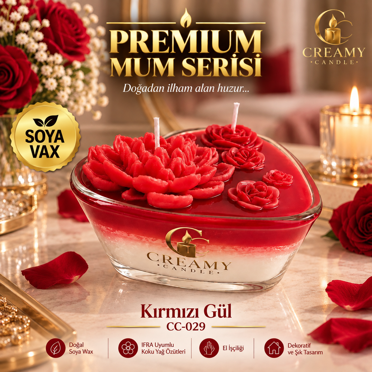 Creamy candle kırmızı gül  Premium Dekoratif Kokulu Mum