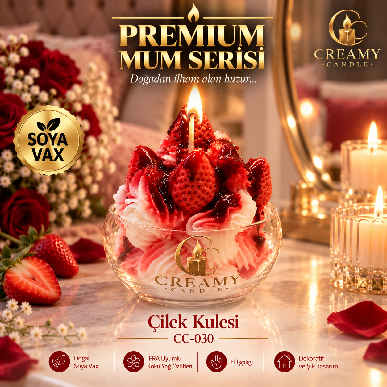 Creamy Candle çilek kulesi  Premium Dekoratif Kokulu Mum