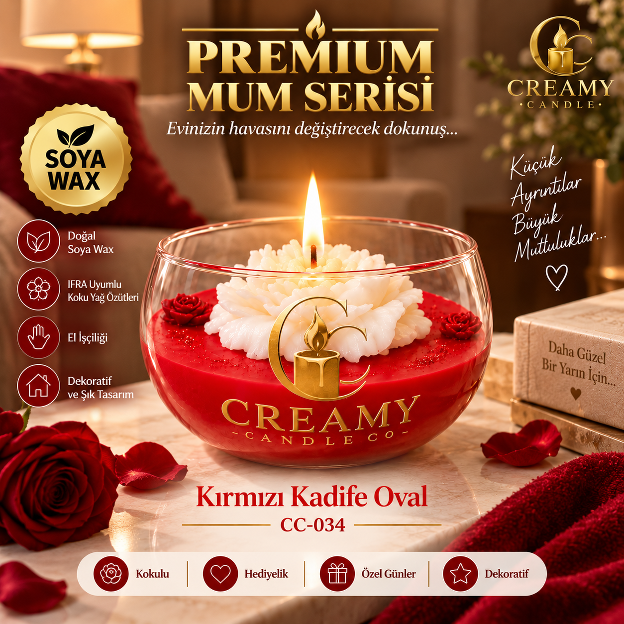Creamy Candle  kırmızı kadife oval Premium Dekoratif Kokulu Mum