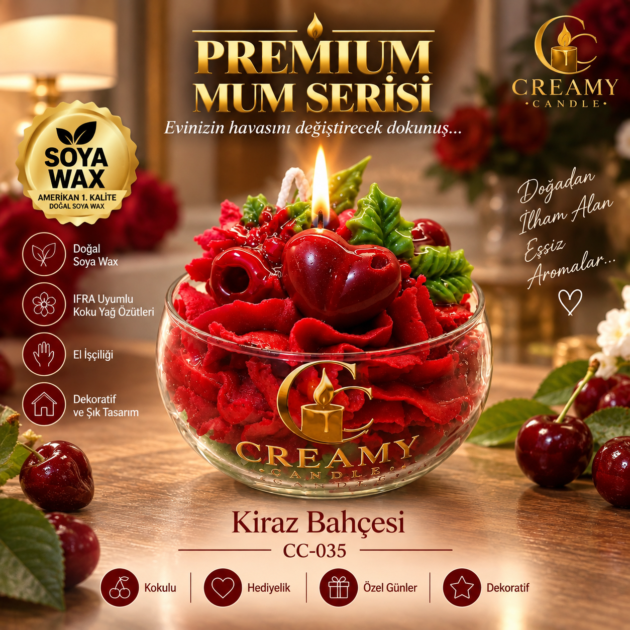 Creamy Candle kirazz bahçesi  Premium Dekoratif Kokulu Mum