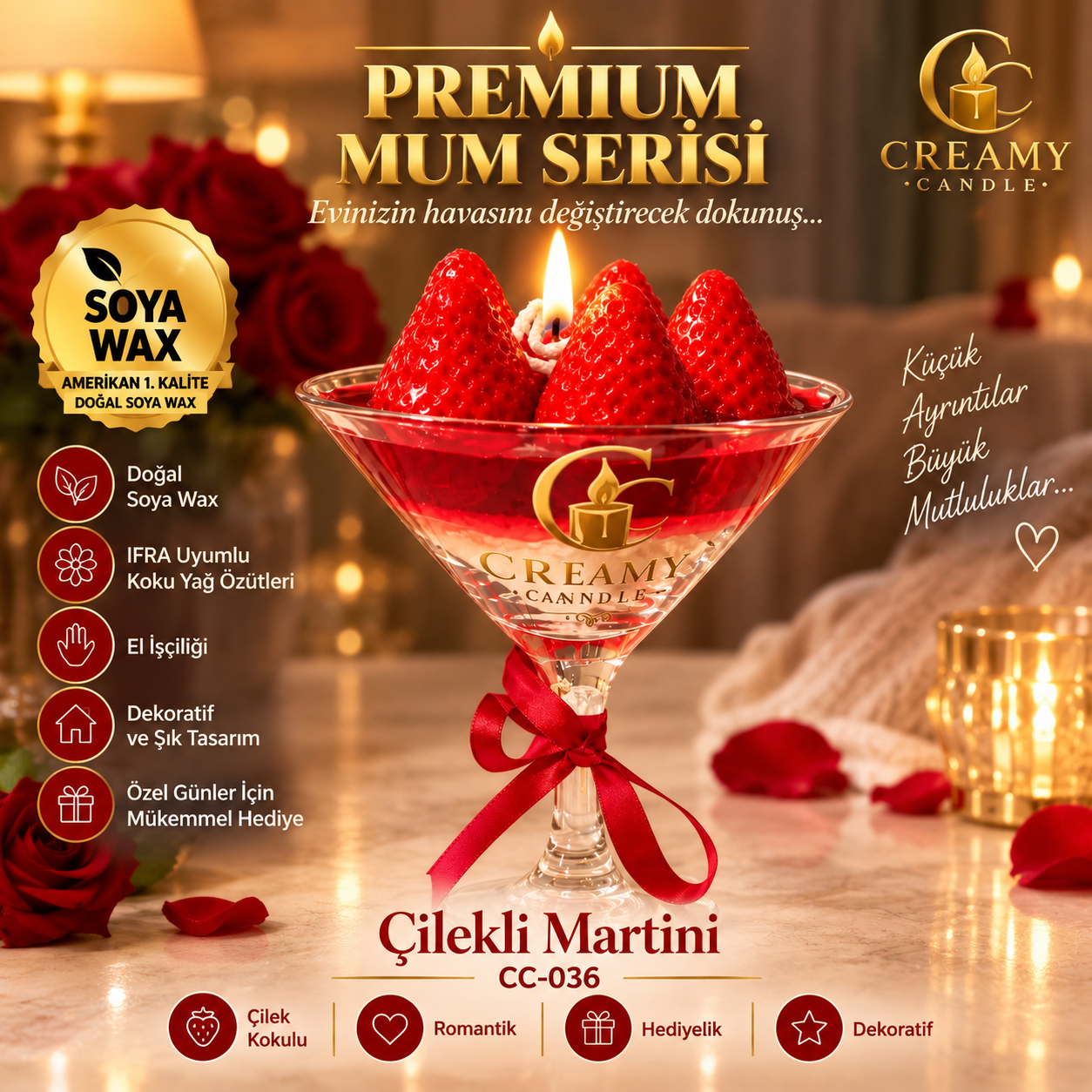 Creamy Candle çilek martini   Premium Dekoratif Kokulu Mum